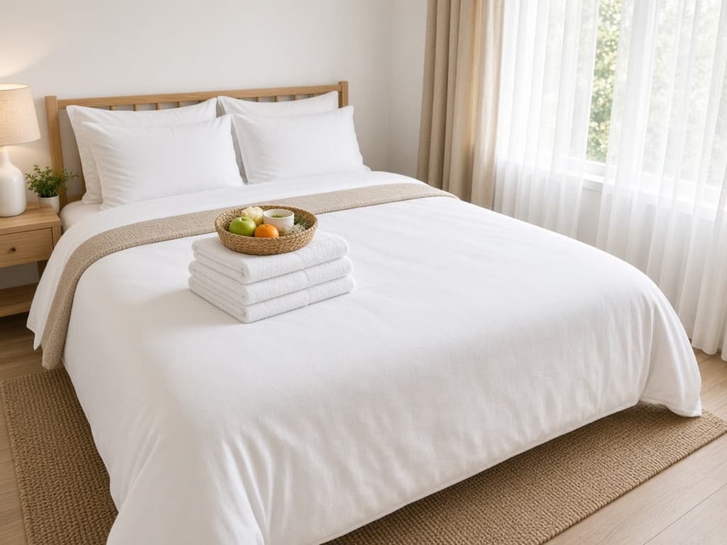 Illustration of a guest-ready vacation rental bed with fresh white linens and folded towels