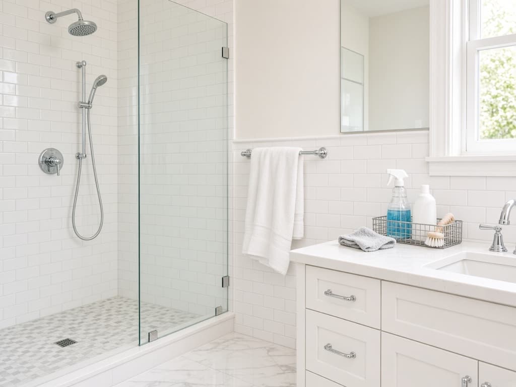 Illustration of a spotless bathroom with clean tile grout and a glass shower