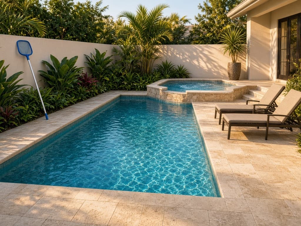 Illustration of a clear backyard pool and hot tub