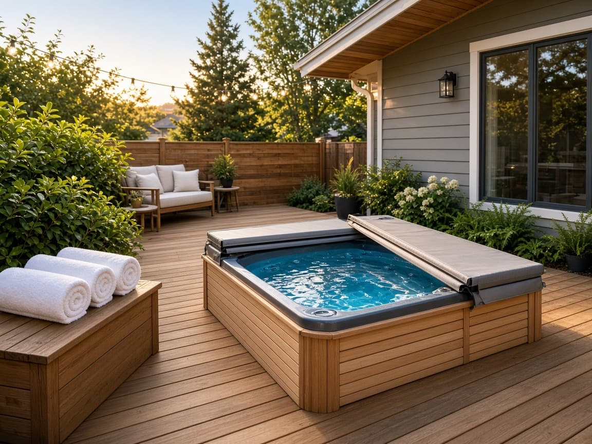 Illustration of a covered hot tub on a wooden deck